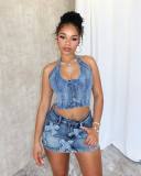 EVE Sexy Denim Halter Tops Washed Two Piece Skirts Set CM-8717