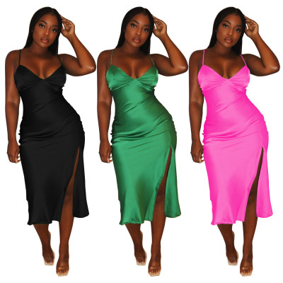 EVE Sexy Solid Color Sling Split Midi Dress BS-1362