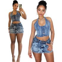 EVE Sexy Denim Halter Tops Washed Two Piece Skirts Set CM-8717