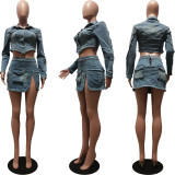 EVE Fashion Zipper Tie Irregular Split Denim Skirt Set CM-8709