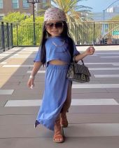 EVE Kids Girl's Solid Short Sleeve T Shirt+Split Skirt 2 Piece Set GYAY-M8013 