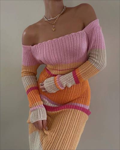 EVE Off Shoulder Color Block Knits Maxi Dress GFQS-0501