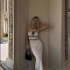 EVE Off Shoulder Tie Up Patchwork Knits Maxi Dress GFQS-306