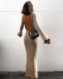 EVE Ruffle Long Sleeve Knit Backless Long Dress GFQS-4061