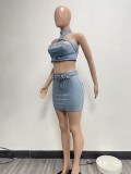 EVE Sexy Denim Halter Zipper Tops Two Piece Skirts Set NYF-8163