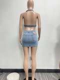 EVE Sexy Denim Halter Backless Tops And Skirt Two Piece Set NYF-8165