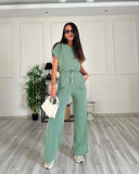 EVE Solid Color Short Sleeve Loose Two Piece Pants Set SSNF-211408