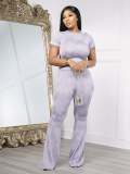 EVE Solid Color Casual Wave Pattern Micro Flare Pants Set JRF-3758
