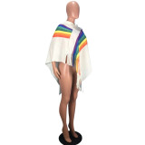 EVE Rainbow Stripe Patchwork Tassel Hooded Poncho Top SMD-24017