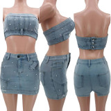 EVE Fashion Denim Wrap Chest Tops And Skirt 2 Piece Set TK-6317