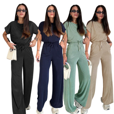 EVE Solid Color Short Sleeve Loose Two Piece Pants Set SSNF-211408