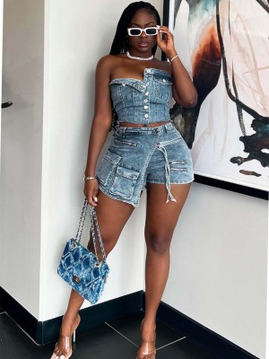 EVE Single Breasted Wrap Top Denim Shorts Set CH-88010