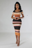 EVE Knit Stripe Color Block Short Sleeve Midi Dress OSM-4454