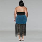 EVE Plus Size Denim Patchwork Mesh Long Skirts GDAM-218393