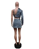 EVE Single Long Sleeve Backless Top Denim 2 Piece Skirts Set MEM-88559