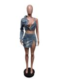 EVE Single Long Sleeve Backless Top Denim 2 Piece Skirts Set MEM-88559