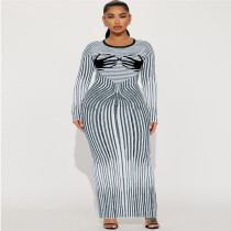 EVE Plus Size Stripe Print Long Sleeve Split Long Dress GDAM-218369
