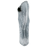 EVE Plus Size Stripe Print Long Sleeve Split Long Dress GDAM-218369