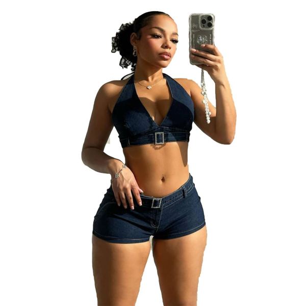 EVE Sexy Halter Crop Tops And Shorts Denim 2 Piece Set MEM-88562