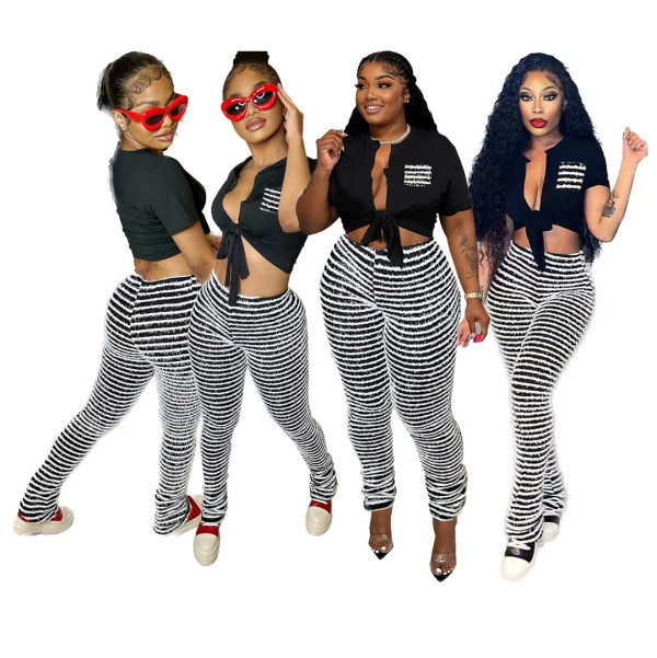 EVE Tie Up T Shirts And Stripe Pants 2 Piece Set QXLB-10052