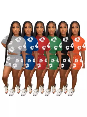 EVE Printed Short Sleeve Shorts Sport Two Piece Set QXLB-10069