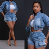 EVE Fashion Denim Long Sleeve Two Piece Shorts Set MEM-88571