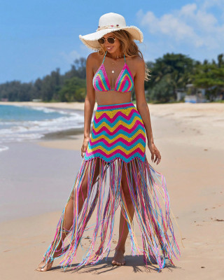 EVE Crochet Wave Pattern Tassel Beach Cover-Up Skirt Set ZSD-0314