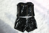 EVE Sexy Wrap Chest Zipper Slim PU Leather Shorts Set YS-2402