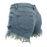 EVE Washed Hole Tassel Denim Shorts WAF-77650