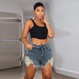 EVE Washed Hole Tassel Denim Shorts WAF-77650