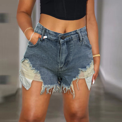 EVE Washed Hole Tassel Denim Shorts WAF-77650