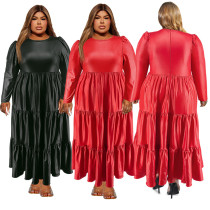 EVE Plus Size PU Round Neck Long Sleeve Cake Dress GDAM-218355