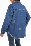 EVE Solid Color Holes Long Sleeve Denim Coat CHY-1001