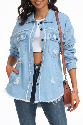 EVE Solid Color Holes Long Sleeve Denim Coat CHY-1001