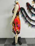 EVE Printed Sleeveless Tie Up Small V-Neck Dress NY-10756