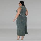 EVE Plus Size Denim Sleeveless Vest Split Skirt 2 Piece Set GDAM-218380