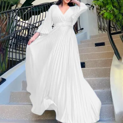 EVE V Neck Press Pleated Big Swing Gown Long Dress GCZF-C8478