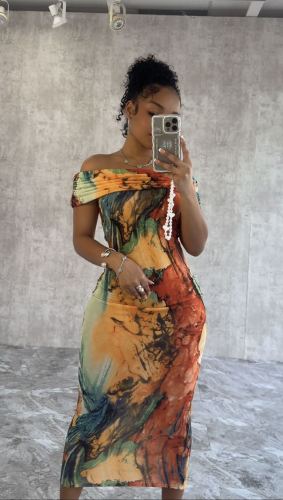 EVE Multicolor Print One Shoulder Slim Midi Dress QODY-6024