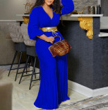 EVE Plus Size V Neck Tie Up Pleated Solid Jumpsuit GCZF-C8468