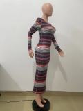 EVE Stripe Print Long Sleeve Long Dress QODY-6019