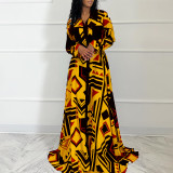 EVE Long Sleeve Print Tie Up Long Dress GCZF-8550