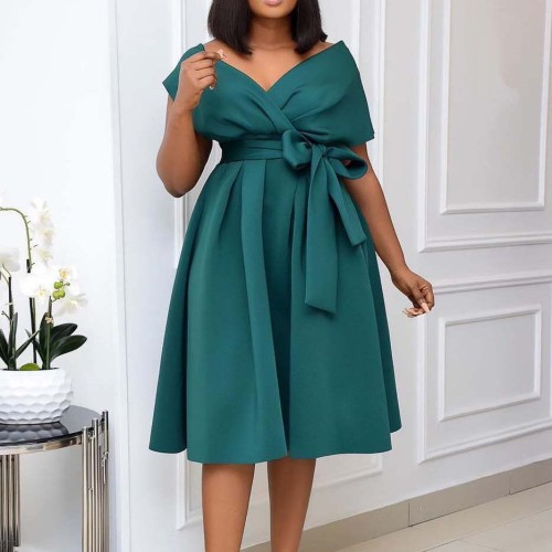 EVE V-neck Pleated Tie Up Sexy Midi Dress GCZF-8483