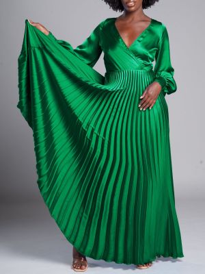 EVE V Neck Long Sleeve Press Pleated Maxi Dress GCZF-8567