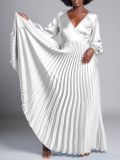 EVE V Neck Long Sleeve Press Pleated Maxi Dress GCZF-8567