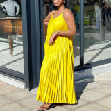 EVE Solid Color Press Pleated Sling Maxi Dress GCZF-8571