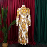 EVE Printed Long Sleeve Belt Pressed Pleat Maxi Dress GCZF-8555