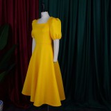 EVE Solid Color Fashion Bubble Sleeve Midi Dress GCZF-D252-C2