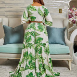EVE Print V Neck Tie Up Top Two Piece Pant Set GCZF-8469