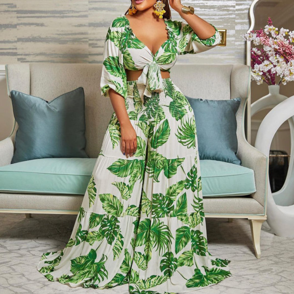 EVE Print V Neck Tie Up Top Two Piece Pant Set GCZF-8469