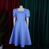 EVE Solid Color Fashion Bubble Sleeve Midi Dress GCZF-D252-C2